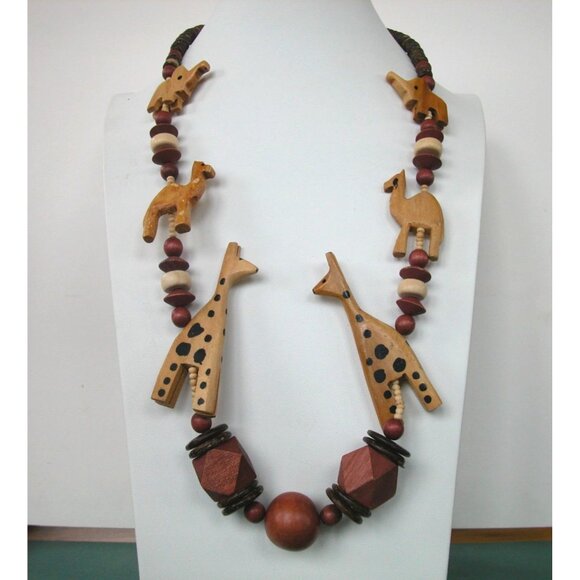 Handcrafted Wooden African Animal Necklace With Giraffe Elephant & Camel Beads - Picture 1 of 5